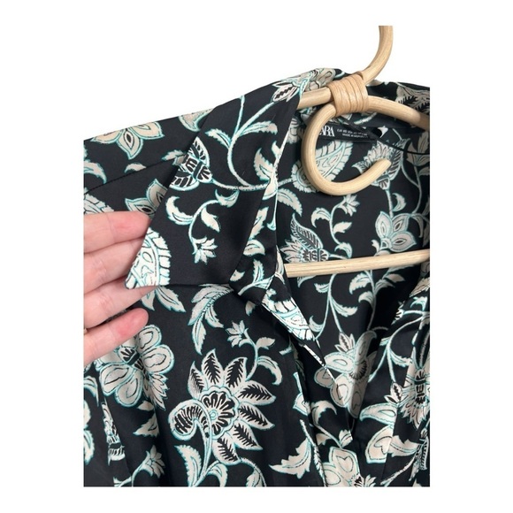 ZARA Satin Effect Black White Floral Shirt Dress XS Long Exaggerated Sleeve XS - Picture 5 of 15